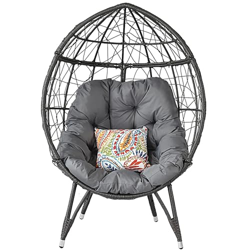 HLNPTN Patio Egg Chair Wicker Outdoor Egg Basket Chairs, Oversized Outdoor Furniture PE Rattan Patio Lounge Chair 440lb Capacity Sofa Seat with Stand & Gray Cushions for Indoor, Living Room, Backyard HLNPTN
