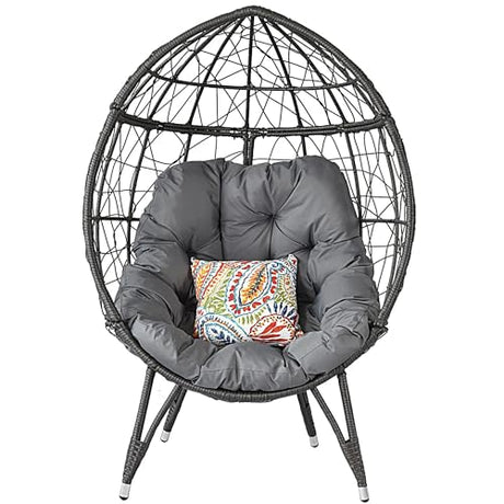 HLNPTN Patio Egg Chair Wicker Outdoor Egg Basket Chairs, Oversized Outdoor Furniture PE Rattan Patio Lounge Chair 440lb Capacity Sofa Seat with Stand & Gray Cushions for Indoor, Living Room, Backyard HLNPTN