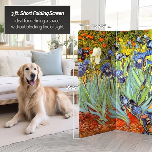 Red Lantern 3 ft. Short Double Sided Works of Van Gogh Canvas Folding Screen Irises/Starry Night Over Rhone 3 Panel Freestanding Partition and Separator for Modern and Contemporary Bedroom Home Office Red Lantern
