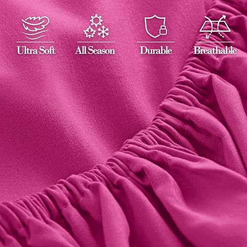Mocassi Luxury 1800 Premium Hotel Quality Single Fitted Sheet - Ultra Soft, Wrinkle Resistant Microfiber 18-24 Inch Extra Deep Pocket with Storage Pockets Fitted Sheet, Queen, Hot Pink Mocassi