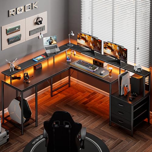 Huuger L Shaped Gaming Desk with LED Lights and Power Outlets, Computer Desk with Drawers, 66.1 Inches Corner Desk, Home Office Desk with Printer Stand, Large Storage Space, Carbon Fiber Blac - WoodArtSupply