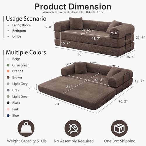 JJJ 63 inch Sofa Bed 4-in-1 Boneless Convertible Corduroy Sleeper Folding Couch with Fixed-Shape Frame and 2 Futons No Assemble Required 3 Seater Upholstered for Living Room (Brown, 63 inch) JJJ