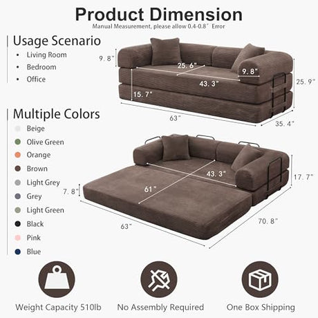 JJJ 63 inch Sofa Bed 4-in-1 Boneless Convertible Corduroy Sleeper Folding Couch with Fixed-Shape Frame and 2 Futons No Assemble Required 3 Seater Upholstered for Living Room (Brown, 63 inch) JJJ