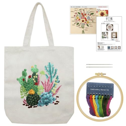 KABAKE Canvas Tote Bag Embroidery Kit for Beginners, Arts and DIY Crafts Starter Kit, Includes Stamped Bag, Threads, Tools (Beige With Cactus)