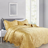 Home Soft Things King Size Quilted Satin Bedspread Set - 3-Piece Luxury Reversible Bed Cover, Silky Soft Shiny & Lightweight Quilt for All Seasons, Embroidered Paisley Design, 108x96 Inches, Gold Home Soft Things