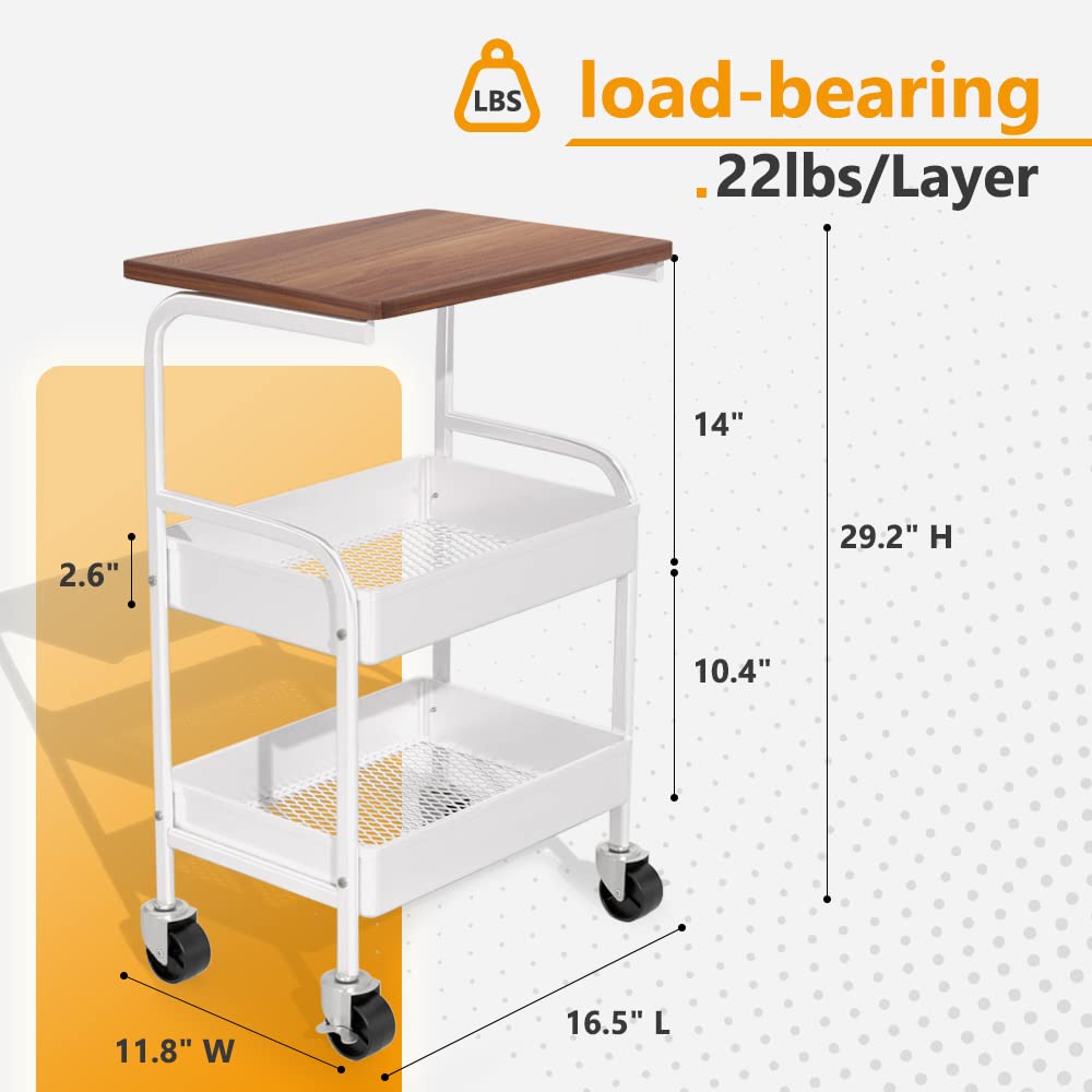 HIDODO Rolling Cart with Wooden Tabletop, 3 Tier Metal Utility Cart, Rolling Storage Organizer Cart with Lockable Wheels for Kitchen, Office, Bedroom (White)