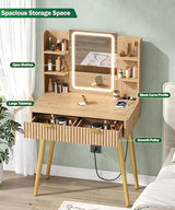 Zeibospri 29.5" Small Makeup Vanity with Adjustable Light Mirror, Fluted Vanity Table with 2 Drawer & 4 Open Storage Shelf, 3 Light Modes and Brightness, for Woman and Girls, Bedroom,Natural Oak Zeibospri