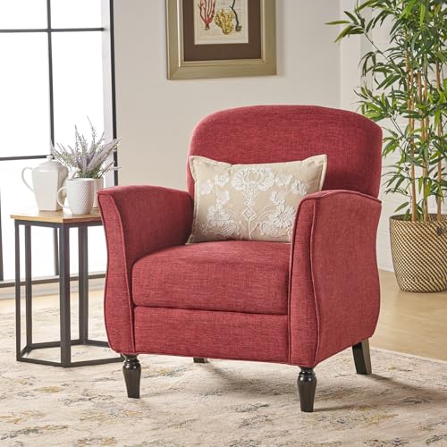FEMICON Armchair Traditional Design with Tweed Upholstery and Polished Turned Legs, Retro Style, Red FEMICON