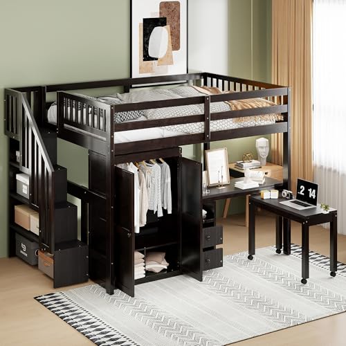 Ball & Cast Loft Bed Full Size with Storage Stairs and Bookshelf,Space-Saving Multifunctional Furniture Bed Frame w/Desk & Wardrobe,for Apartment,Bedroom,Espresso Ball & Cast