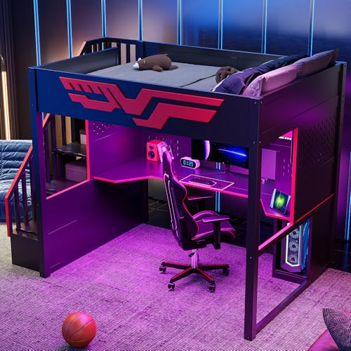 Merax Full Size Gaming Loft Bed with Desk, Wood Loft Bed Frame with LED Light, Charging Station, and Storage Staircase, for Kids, Teens, Boys Girls,Black Merax