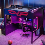 Merax Full Size Gaming Loft Bed with Desk, Wood Loft Bed Frame with LED Light, Charging Station, and Storage Staircase, for Kids, Teens, Boys Girls,Black Merax