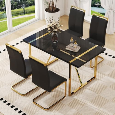 55" Dining Table Set for 4, Black Dining Table Set for 4, 1.5" Black Glossy Wood Tabletop with Golden Metal Legs, Modern Dinner Table Set with 4 Faux Leather Chairs for Kitchen,Apartment,Small Space Iopirbu