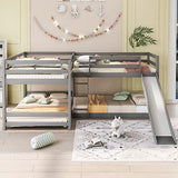 Quad Bunk Beds with Slide, L Shape Bunk Bed Compatible with 4, Full Over Full Bunk Bed & Twin Over Twin Bunk Bed, Wood Corner Bunk Beds Compatible with Boys Girls Teens (4 Beds, Gray) ，Queen Bed TMAXX