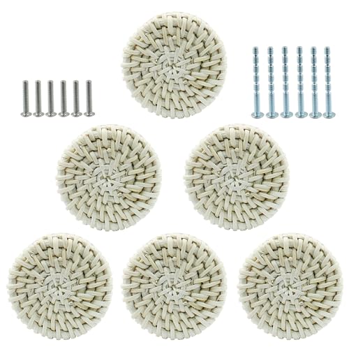 suiwotin 6pcs Rattan Dresser Knobs Boho Knobs, Natural Wood Wicker Woven Drawer Knobs, Wooden Knobs Decorative Cabinet Knobs Pulls Handles for Pantry, Cupboard, Furniture Knobs (White, Large) suiwotin