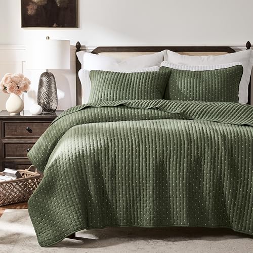 WDCOZY Olive Green Cross Stitch Queen Size Quilt Set, Striped Lightweight Soft Bedspread, Channel Farmhouse Rustic Coverlet, All Season Country Bedding, Thin Comforter WDCOZY