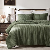 WDCOZY Olive Green Cross Stitch Queen Size Quilt Set, Striped Lightweight Soft Bedspread, Channel Farmhouse Rustic Coverlet, All Season Country Bedding, Thin Comforter WDCOZY