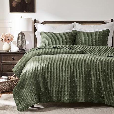 WDCOZY Olive Green Cross Stitch Twin Size Quilt Set, Striped Lightweight Soft Bedspread, Channel Farmhouse Rustic Coverlet, All Season Country Bedding, Thin Comforter WDCOZY