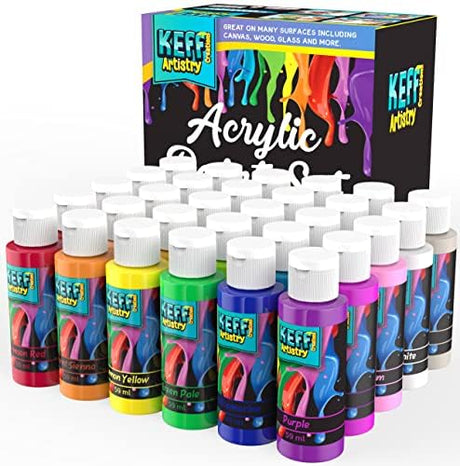 KEFF Acrylic Paint Bottles - 30 Colors (2oz/59ml) Painting Supplies for Canvas, Rock, Ceramic, Wood - Rich Pigment Non Toxic Paint for Kids and Adults - Indoor and Outdoor Acrylic Paint Kit KEFF
