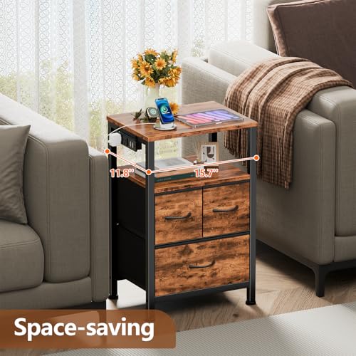 Furnulem Led Nightstand with Charging Station, Bedside Table with 3 Fabric Drawers and Storage Shelf, End Table with USB Ports and Outlets, Small Night Stand for Bedroom, Rustic Brown Furnulem