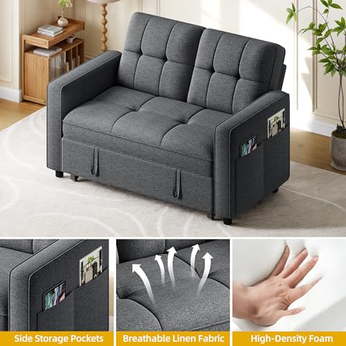 YITAHOME 55" Convertible Sofa Bed, 3-in-1 Pullout Sofa, Linen Sleeper Sofa with Reclining Backrest and Side Pocket, Modern Futon Couch for Living Room Bedroom Apartment, Grey YITAHOME
