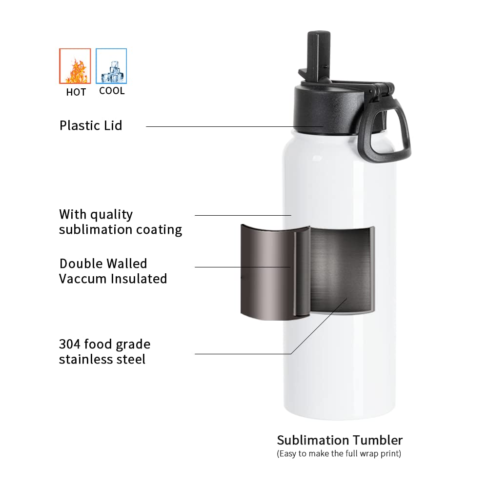 PYD Life 4 Pack Sublimation Water Bottle Blanks Sports Tumbler Cups White 30 OZ Wide Mouth Stainless Steel Vacuum Flask with Straw and Portable Handle for Cricut Mug Press Tumbler Press Print PYD Life