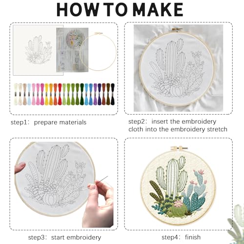 INFUNLY 4pcs Cactus Embroidery Kit Embroidery Starter Kits Cactus Cross Stitch Kits for Adults Stamped Embroidery Set with Patterns Embroidery Kit for Beginners Instruction Included