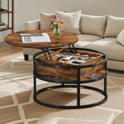 DWVO Coffee Tables for Living Room, Round Coffee Table, Lift Top Coffee Table with Storage and Hidden Compartment, Rustic Coffee Table, Small Circle Coffee Table,Wood Center Table, Rustic Bro - WoodArtSupply