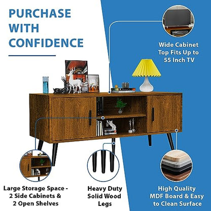 Lifetime Home Mid-Century Modern 45" TV Stand with 2 Side Doors Entertainment Center Console for Living Room Bedroom Office- Supports up to 55 Inch TV & 150 lbs Large Cabinet w/Shelves - WoodArtSupply