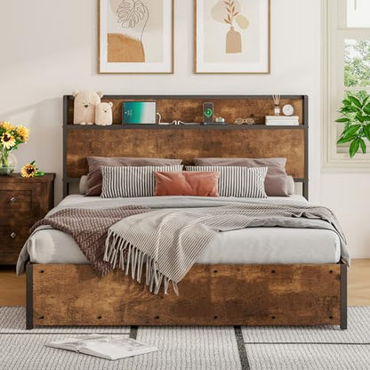 LUXOAK Full Size Lift Up Storage Bed, Wood Platform Bed Frame with Storage Headboard & Charging Station, No Box Spring Needed, Easy Assembly, Rustic - WoodArtSupply