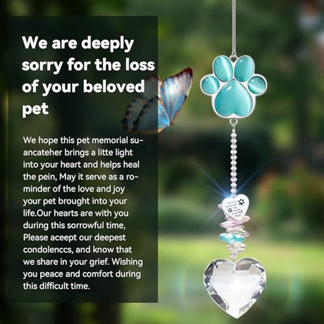 Pet Memorial Suncatcher - Dog Memorial Gifts, Pet Loss Sympathy, Thoughtful Dogs and Cats Bereavement Remembrance Gifts, Natural Cat's Eye Paw Crystal Suncatcher(Peacock Blue) AMETHUARTZ