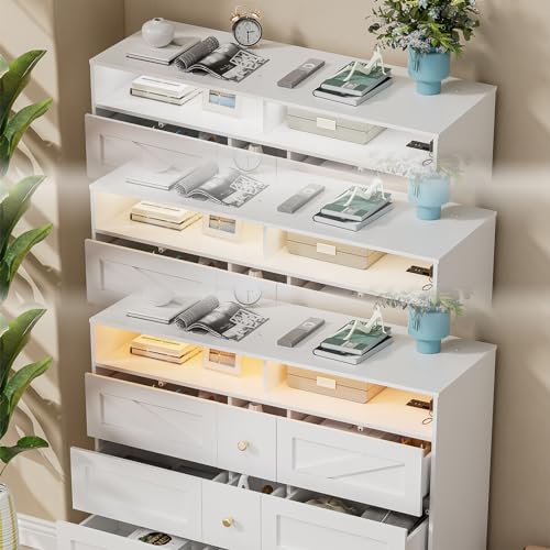 PAKASEPT Farmhouse White Dresser with Led Lights for Bedroom w/6 Drawers & Wide Chest of Drawers, Rustic Dresser TV Stand w/Shelf, Dresser Organizer for Bedroom, Living Room, Entryway, White PAKASEPT