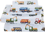 Linen Plus Sheet Set for Kids Construction Tractors Excavators Loaders Dump Trucks Compactors White Blue Red Green Yellow Grey Flat Fitted and Pillow Cases Queen Size New Linen Plus