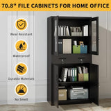 BouPower 71" Black Metal Storage Cabinet with Glass Doors, Garage Storage with 2 Drawers + 2 Adjustable Shelves, Heavy Duty Tool Cabinet with Locking Doors for School, Workshop, Office, Black BouPower
