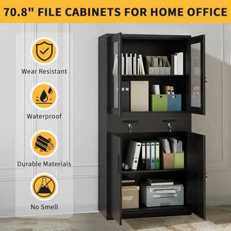 BouPower 71" Black Metal Storage Cabinet with Glass Doors, Garage Storage with 2 Drawers + 2 Adjustable Shelves, Heavy Duty Tool Cabinet with Locking Doors for School, Workshop, Office, Black BouPower