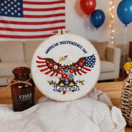 BBLYBD 4th of July Embroidery Kit, 4 Set Patriotic Cross Stitch Craft Kits for Beginners with Pre-Printed Embroidery Fabric, Hoops, Step-by-Step Instructions, Color Threads & Needles (Red White Blue) BBLYBD