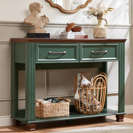 SAVOR LIFE Farmhouse 46" Console Table with 2 Drawers, Rustic Wood 2 Tier Entryway Table with Open Storage Shelf for Entry, Large Mid-Century Vintage Sofa Tables Behind Couch for Living Room, Green SAVOR LIFE
