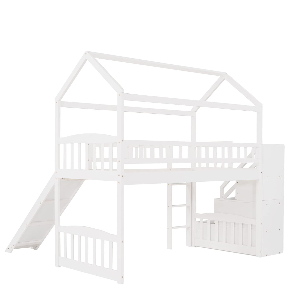House Bed Loft with Slide and Storage Stairs by Harper & Bright Designs - Twin Frame in White for Kids Harper & Bright Designs