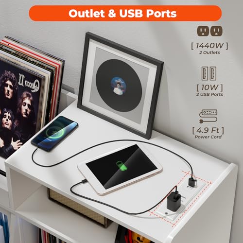Loomie Large White Record Player Stand with Sliding Door,350 Vinyl Record Storage Cabinet, Record Player Table with Power Outlet and LED Light,Turntable Stand with Wood Legs for Living Room Loomie