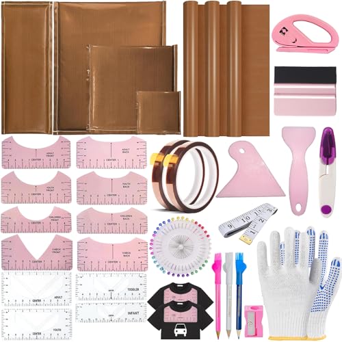 QUKLOGEN Heat Press Pillow Bundle Tools Kit Include 4 Heat Pressing Transfer Pillow Mat 3 Pack Teflon Sheet for Heat Press 2 Rolls Heat Resistant Tape 12 Different Size T Shirt Guide Ruler QUKLOGEN