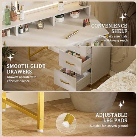 COMHOMA Vanity Desk with Mirror and Lights, Makeup Vanity Table with 4 Drawers & Storage Shelves, Large HD Mirror, 3 Color Modes & Adjustable Brightness, Modern Dressing Table for Bedroom, White/Gold COMHOMA