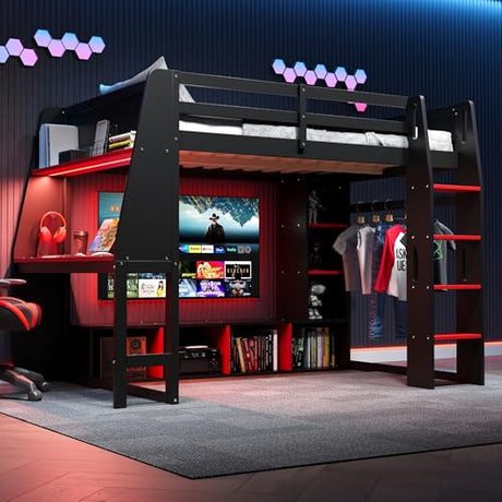 SOFTSEA Twin Size Gaming Loft Bed with Desk, Solid Wood Loft Bed with Wardrobe and Storage Shelves, Gaming Loft Bed Frame with LED Lights for Kids Teens Adults, Black & Red SOFTSEA