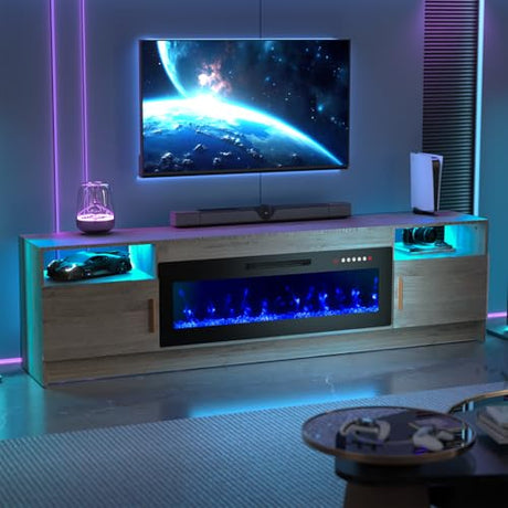 BREEZEHEAT Electric Fireplace TV Stand with 42 inch Fireplace Up to 90" TVs-Led Entertainment Center, High Glossy Doors-80 inch TV Cabinet，Modern Media Console for Living Room (Oak Grey) BREEZEHEAT