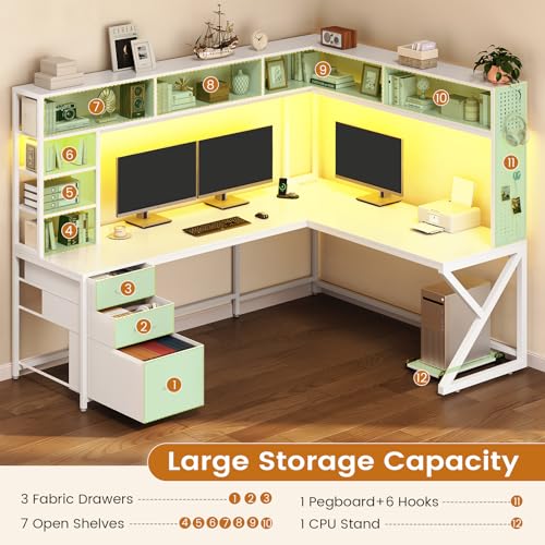 SEDETA Corner Computer Desk, Convertible 94.5" Gaming Desk with Storage Drawers, Hutch and Pegboard, L Shaped Office Desk with Power Outlet, LED Lights for Home Office, White SEDETA