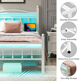 Jenmit Twin Bed Frames with Headboard, LED Bed Frame with Charging Station, Metal Platform, Under-Bed Storage, No Box Spring Needed, Noise Free, Easy Assembly, White Jenmit