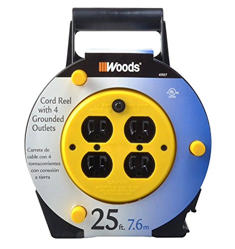 Woods 4907 Extension Cord Reel with 4-Outlets 16/3 SJTW and 12A Circuit Breaker, 25-Foot - WoodArtSupply