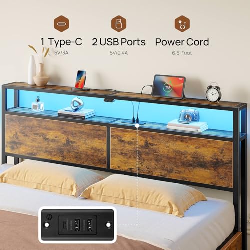 Rolanstar Queen Bed Frame with 4 Storage Drawers, Charging Station and LED Lights, Metal Platform Bed with 2-Tier Storage Headboard, No Box Spring Needed, Easy Assembly, Noise-Free, Rustic Brown Rolanstar