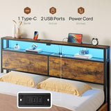 Rolanstar Queen Bed Frame with 4 Storage Drawers, Charging Station and LED Lights, Metal Platform Bed with 2-Tier Storage Headboard, No Box Spring Needed, Easy Assembly, Noise-Free, Rustic Brown Rolanstar