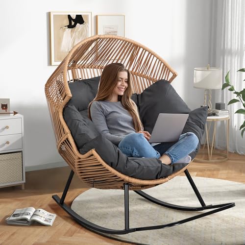 Shintenchi Wicker Egg Chair,Oversized Outdoor Indoor Rocking Chair,Large PE Rattan Rocking Chair with Cushion for Patio, Balcony, Backyard, Garden,Deep Grey Shintenchi
