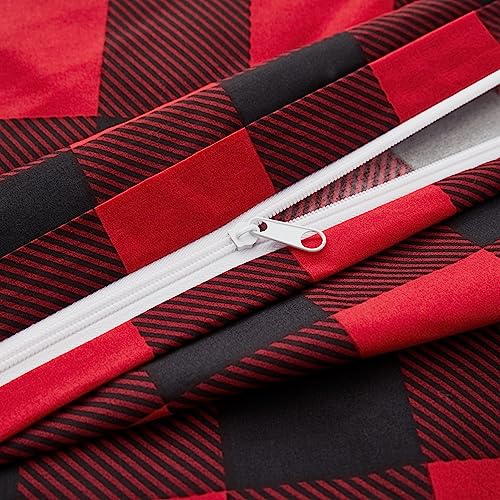 Marina Decoration Soft Silky Rich Printed Rayon from Bamboo All Season 3 Pieces Duvet Cover Fitted Sheet Ensemble Bedding Set with Zipper and Corner Tie, Red Black Plaid Pattern Twin/Single Size Marina Decoration