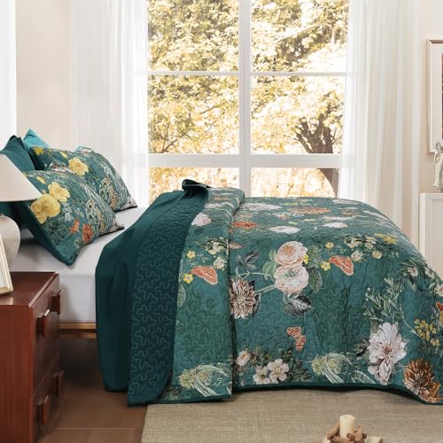 Anibedding Floral Quilt Set Queen Size, 3Pieces Green Microfiber Lightweight Besspread for Bedroom Living Room All Season Use Anibedding